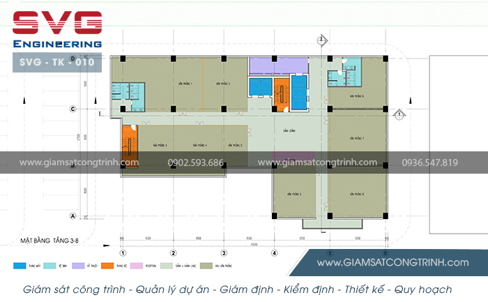 Mặt bằng tầng 3 - tầng 8 D1 kiến trúc trung tâm hỗ trợ vận tải - văn phòng cho thuê SVG TK 010 Mat bang tang 3 - tang 8 D1