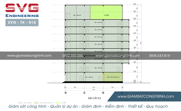 Bản vẽ mặt cắt 2-2 thiết kế tòa nhà Trung tâm hỗ trợ vận tải - văn phòng cho thuê SVG TK 010 Ban ve mat cat 2-2