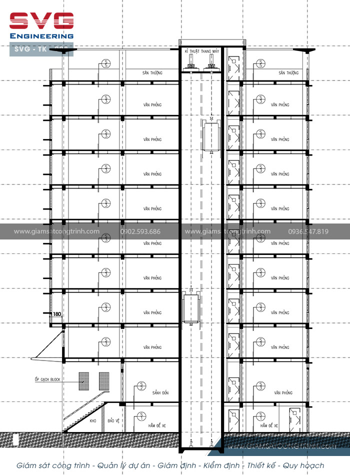 Mặt cắt A-A tòa nhà văn phong Âu Á Building 10 tầng SVG TK 008 Mat cat A-A
