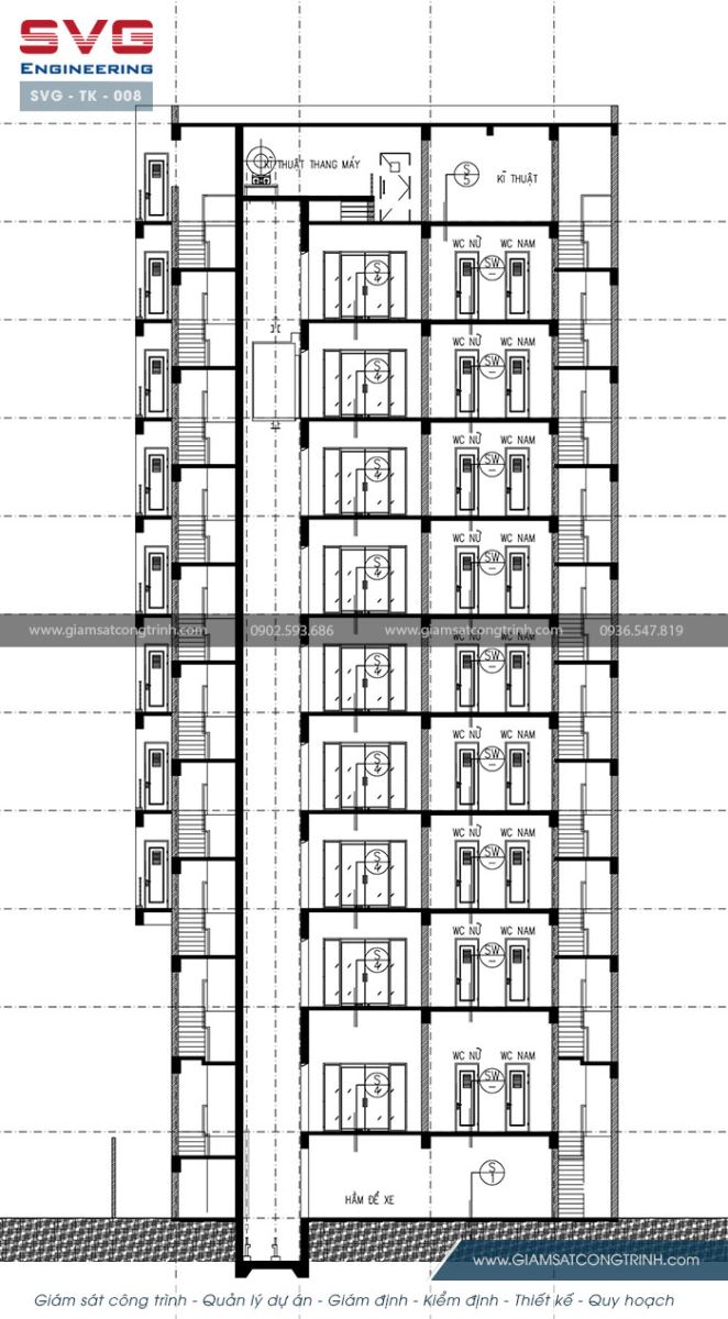 Mặt cắt B-B tòa nhà văn phong Âu Á Building 10 tầng SVG TK 008 Mat cat B-B